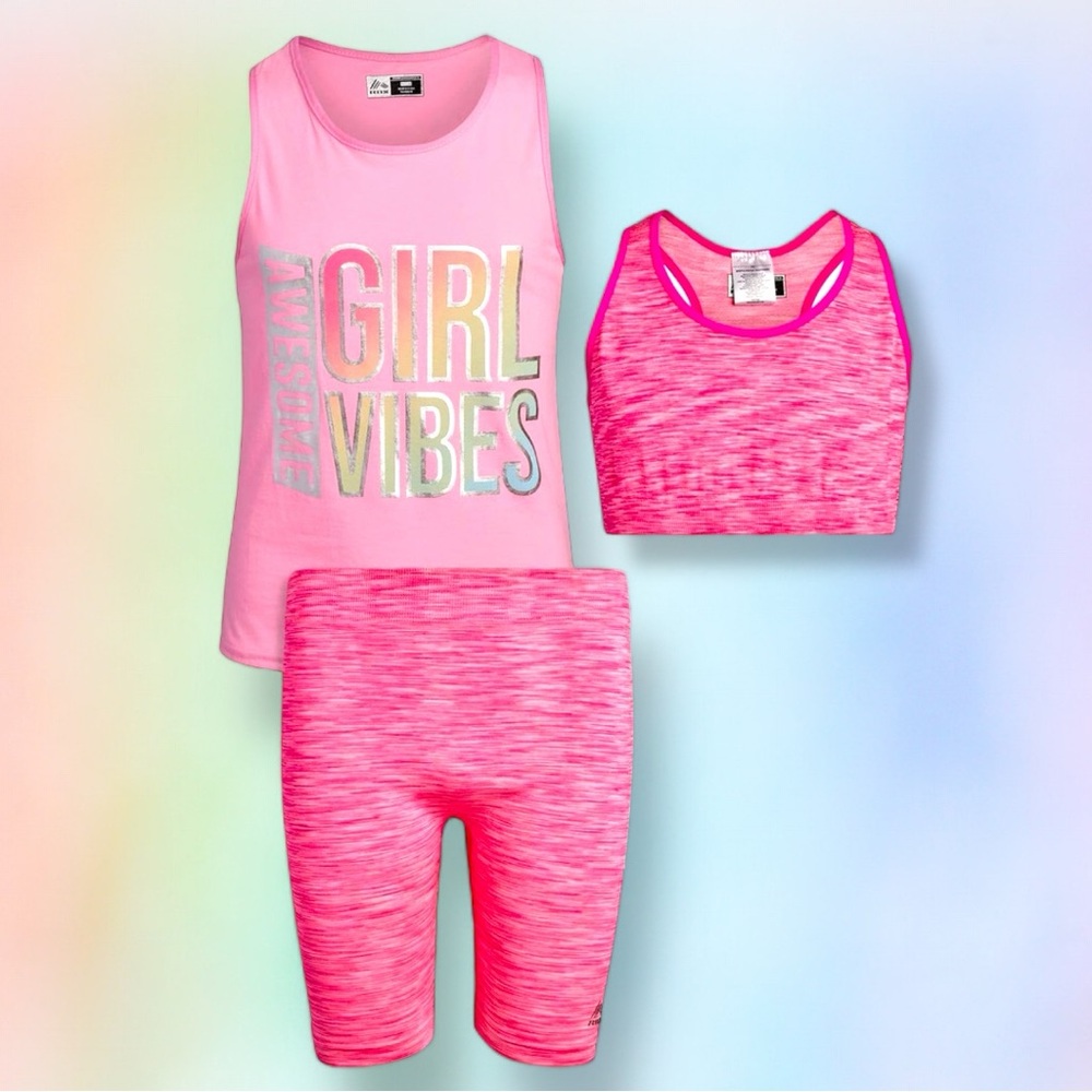 👚2/$10👗3/$12 RBX Pink Awesome Girl Vibes 3 Piece Shorts Tank Sports Bra Set 4